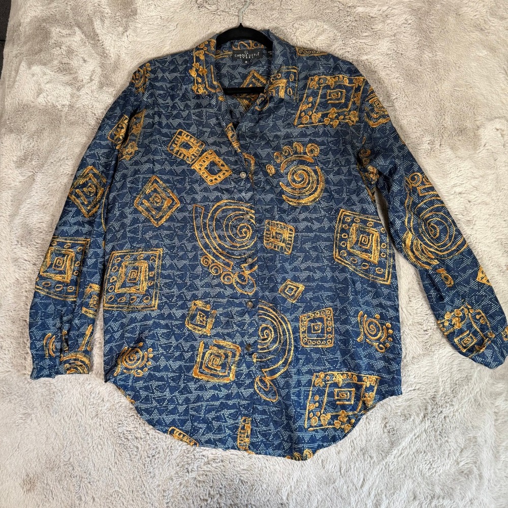 Carole Little Silk Button Down Top Abstract Print Long Sleeve Blouse Size 8‎